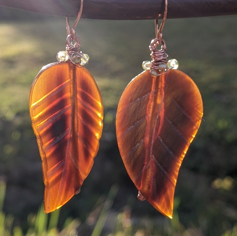 Artisan Autumn Leaf Earrings Carved Horn Hand Wrapped In Solid Copper - Picture 6 of 16